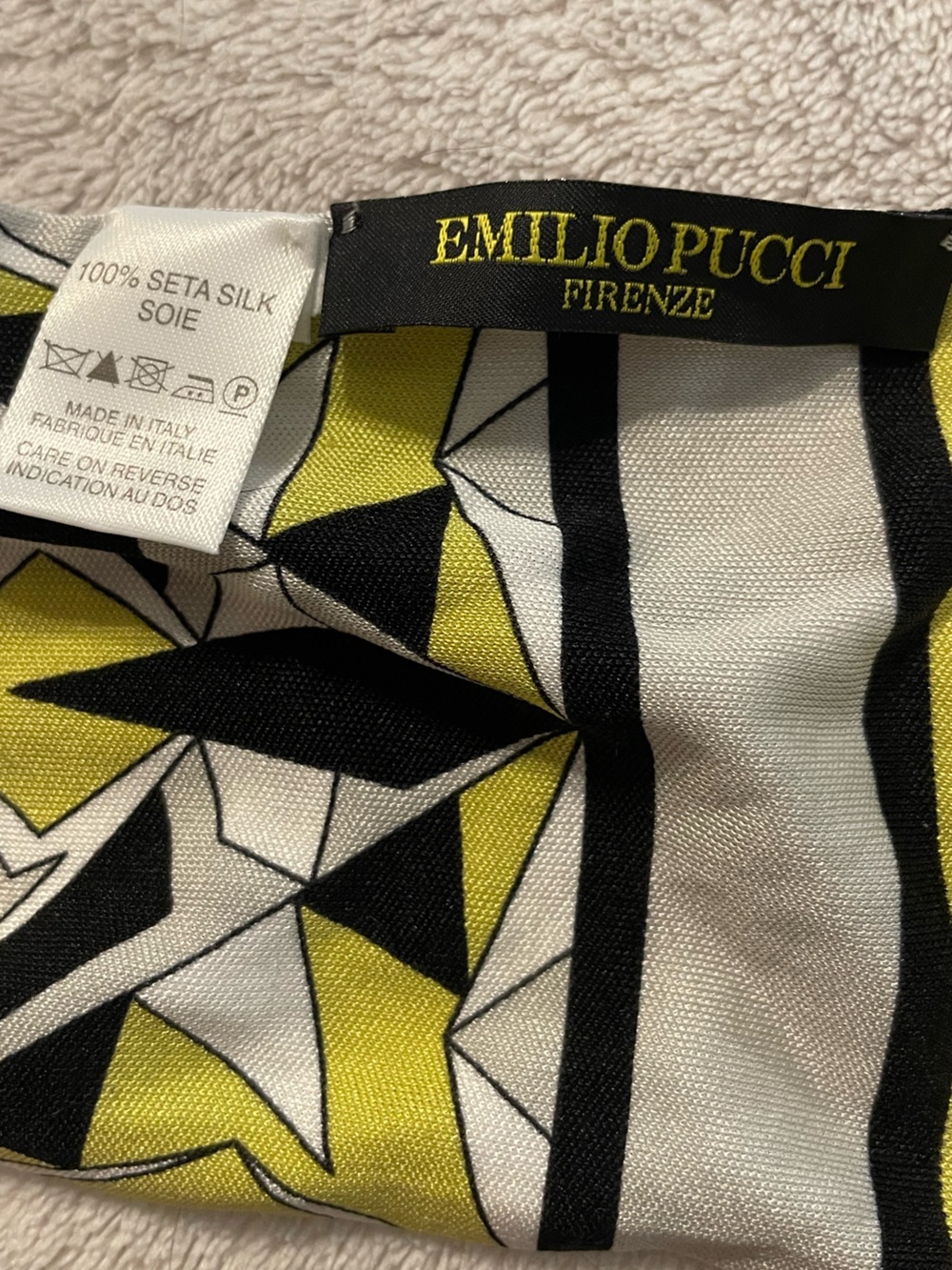 Emilio Pucci women’s Yellow Black White Geometric Italian Silk scarf 72” length